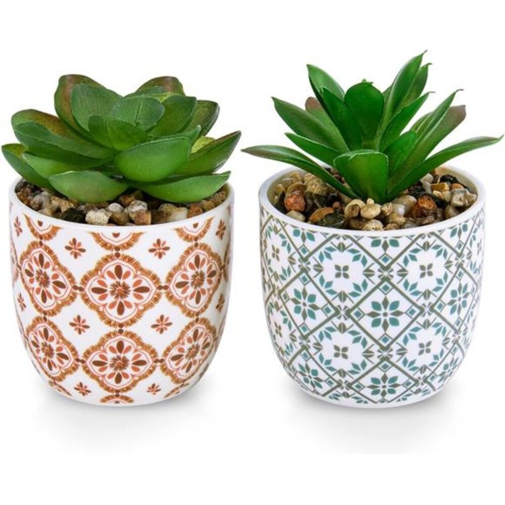 2 Pack Artificial Plants Mini Succulent Flowers in Ceramic Pot